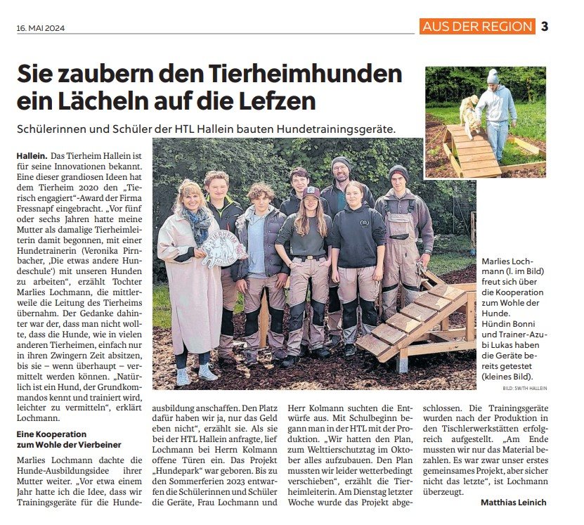 Bezirksblätter Tennengau über unser tolles HTL- Hallein Hunde-Trainingspark- Projekt